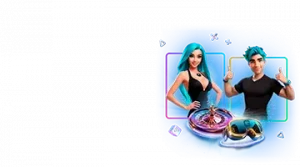 Изображение двух анимационных персонажей, мужчины и женщины, рекламирующих кэшбэк-бонус БитСтарз с элементами казино и яркими неоновыми цветами.